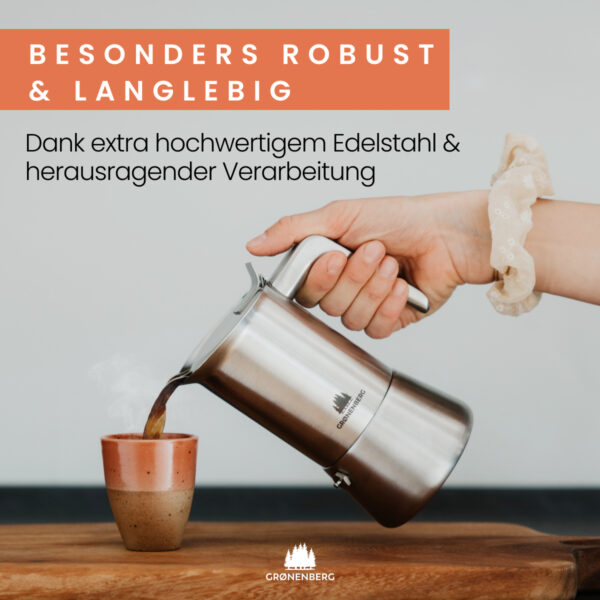 Espressokocher Induktion Edelstahl – 6 Tassen (300ml) mit Reduziersieb – Bild 2